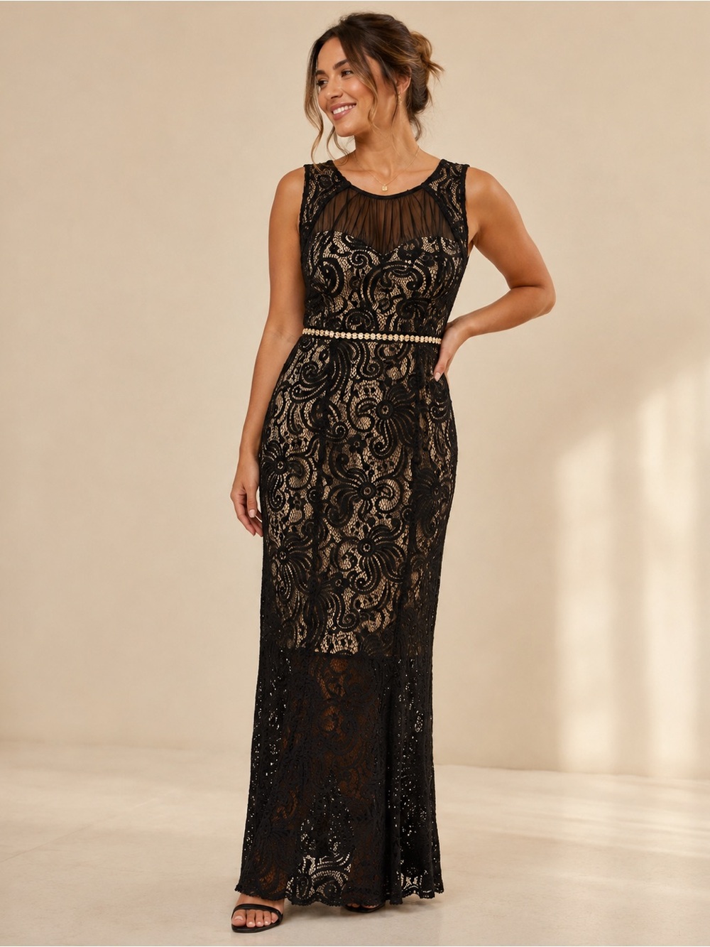 En Focus Studio Size 6 Black Nude Lace Maxi Dress Rhinestone Formal Evening